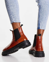 Asos Design Wide Fit Appreciate Leather Chelsea Boots In Tan Croc