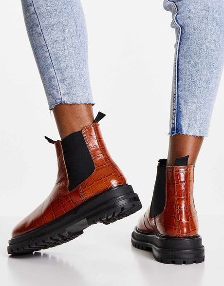 Asos Design Wide Fit Appreciate Leather Chelsea Boots In Tan Croc