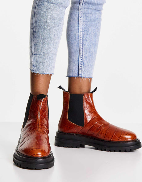 Asos Design Wide Fit Appreciate Leather Chelsea Boots In Tan Croc