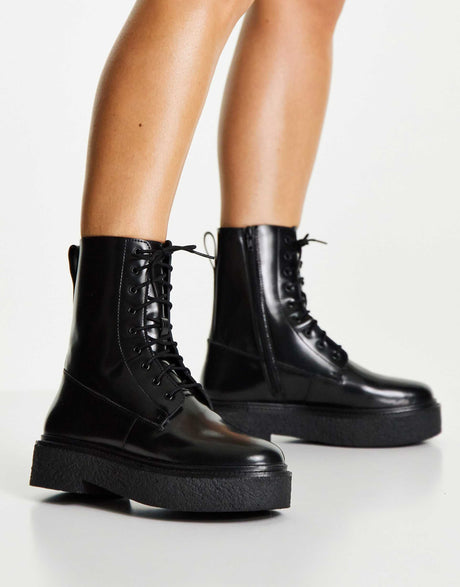 Asos Design Wide Fit Acolade Flat Lace Up Boots In Black