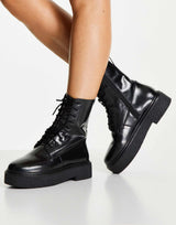 Asos Design Wide Fit Acolade Flat Lace Up Boots In Black