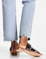 Schuh Tiny Flat Sandals With Square Toe In Black Croc