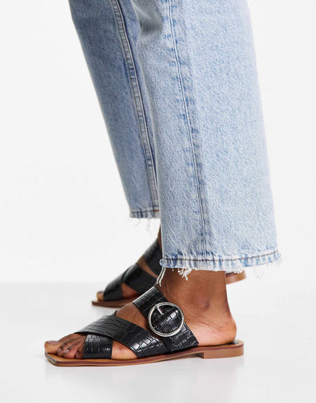 Schuh Tiny Flat Sandals With Square Toe In Black Croc
