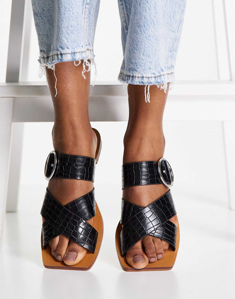 Schuh Tiny Flat Sandals With Square Toe In Black Croc