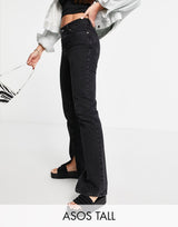 Asos Design Tall Cotton Blend Mid Rise '90'S' Straight Leg Jeans In Washed Black With Split Hem