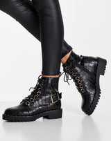 Asos Design Aura Lace Up Hiker Boots In Black Croc