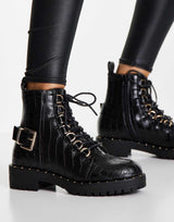 Asos Design Aura Lace Up Hiker Boots In Black Croc