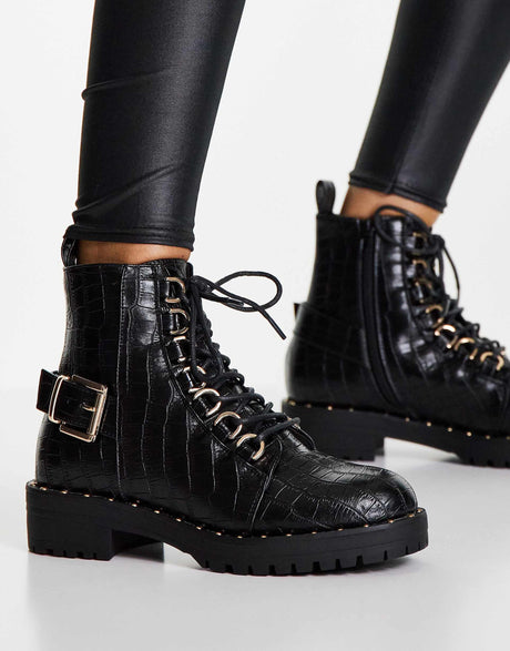 Asos Design Aura Lace Up Hiker Boots In Black Croc