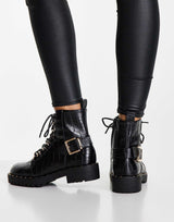Asos Design Aura Lace Up Hiker Boots In Black Croc