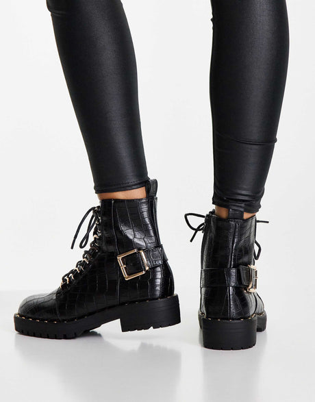 Asos Design Aura Lace Up Hiker Boots In Black Croc