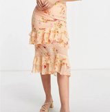 Dark Pink Tiered Frill Textured Midi Skirt In Ditsy Peach Floral