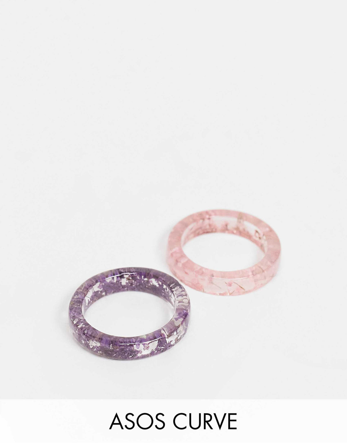 Asos Design Curve Pack Of 2 Rings With Floral Plastic Resin In Pink And Purple
