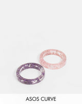 Asos Design Curve Pack Of 2 Rings With Floral Plastic Resin In Pink And Purple