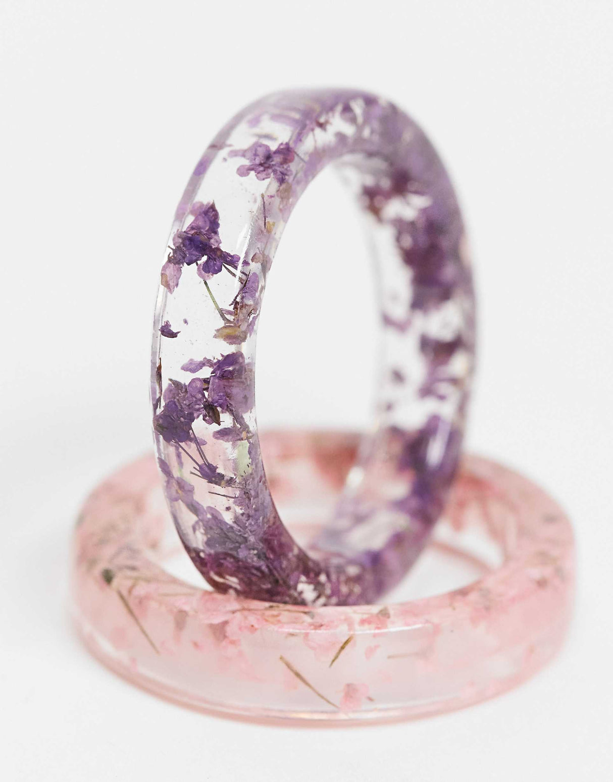 Asos Design Curve Pack Of 2 Rings With Floral Plastic Resin In Pink And Purple