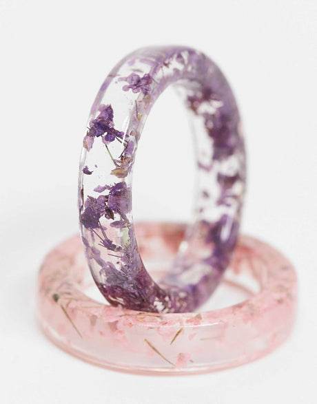 Asos Design Curve Pack Of 2 Rings With Floral Plastic Resin In Pink And Purple