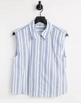& Other Stories Cotton Sleeveless Shirt With Shoulder Pads In Blue Stripe