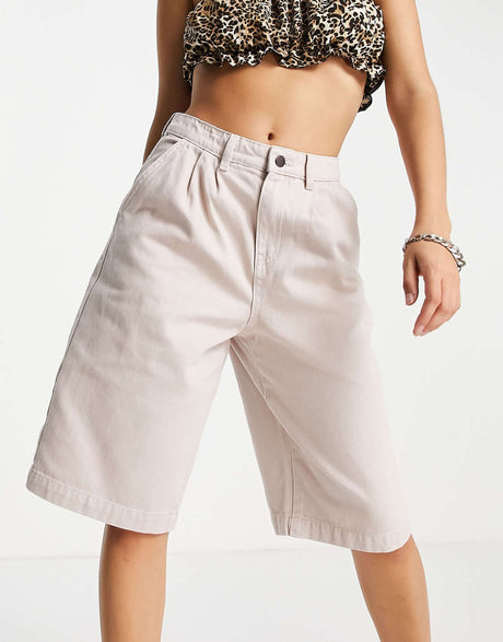 Object Cotton Long Line Denim Short With Pleat Front In Ecru
