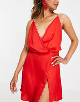Asos Design Bias Cut Drape Cami Mini Dress With Button Detail In Red