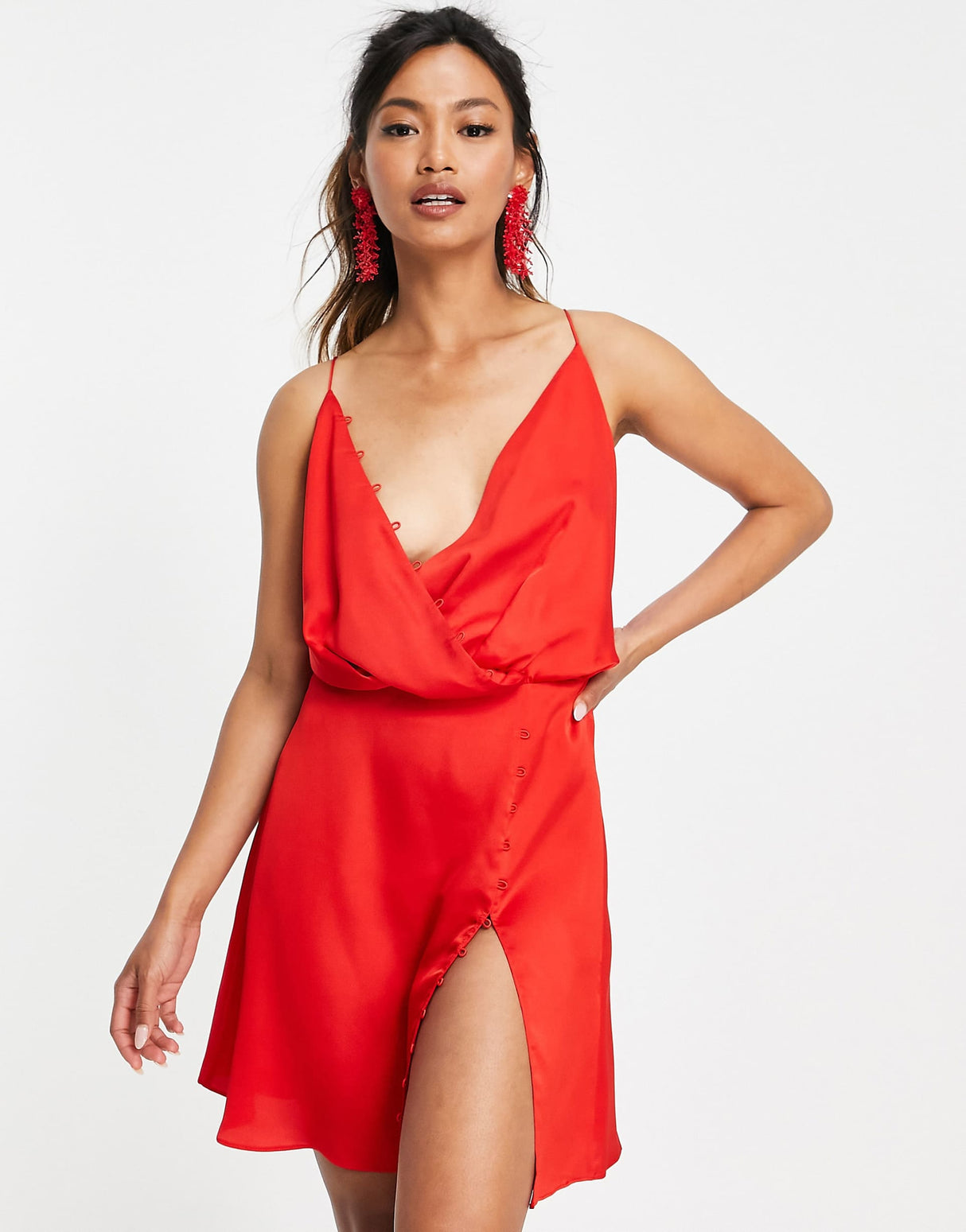 Asos Design Bias Cut Drape Cami Mini Dress With Button Detail In Red