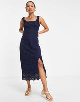 Whistles Lace Overlay Midi Dress In Indigo Blue