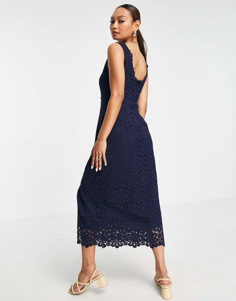 Whistles Lace Overlay Midi Dress In Indigo Blue