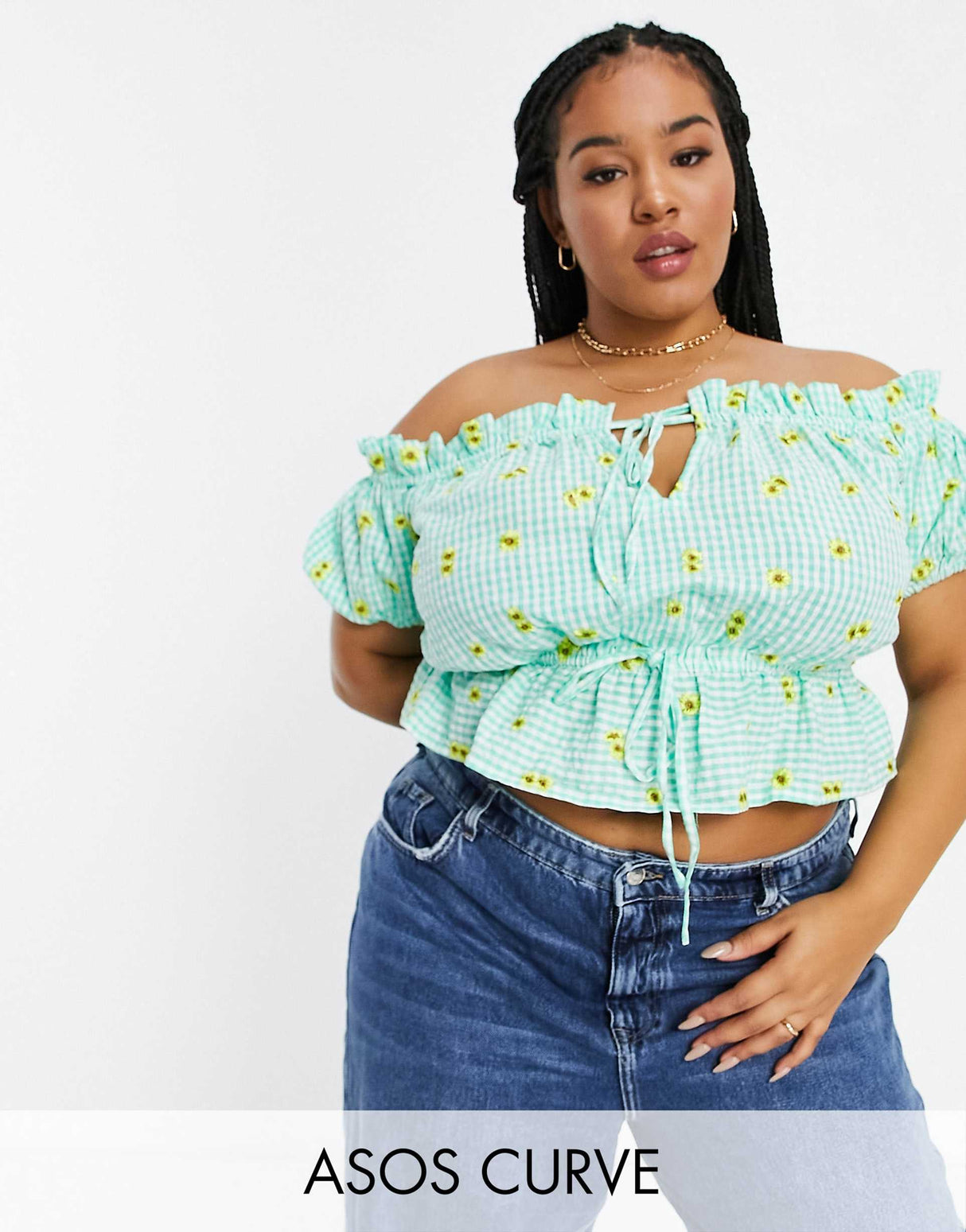 Asos Design Curve Square Neck Top In Green Gingham With Floral Embroidered Detail