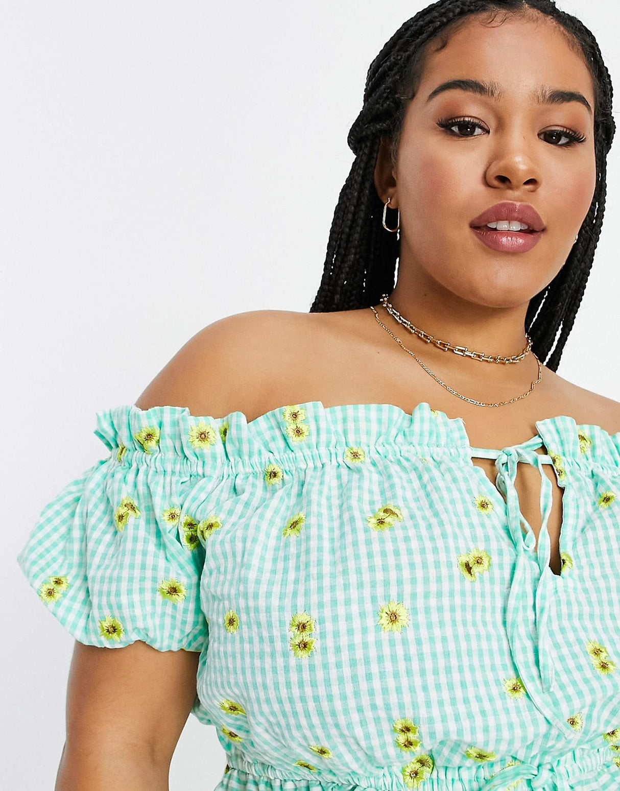 Asos Design Curve Square Neck Top In Green Gingham With Floral Embroidered Detail
