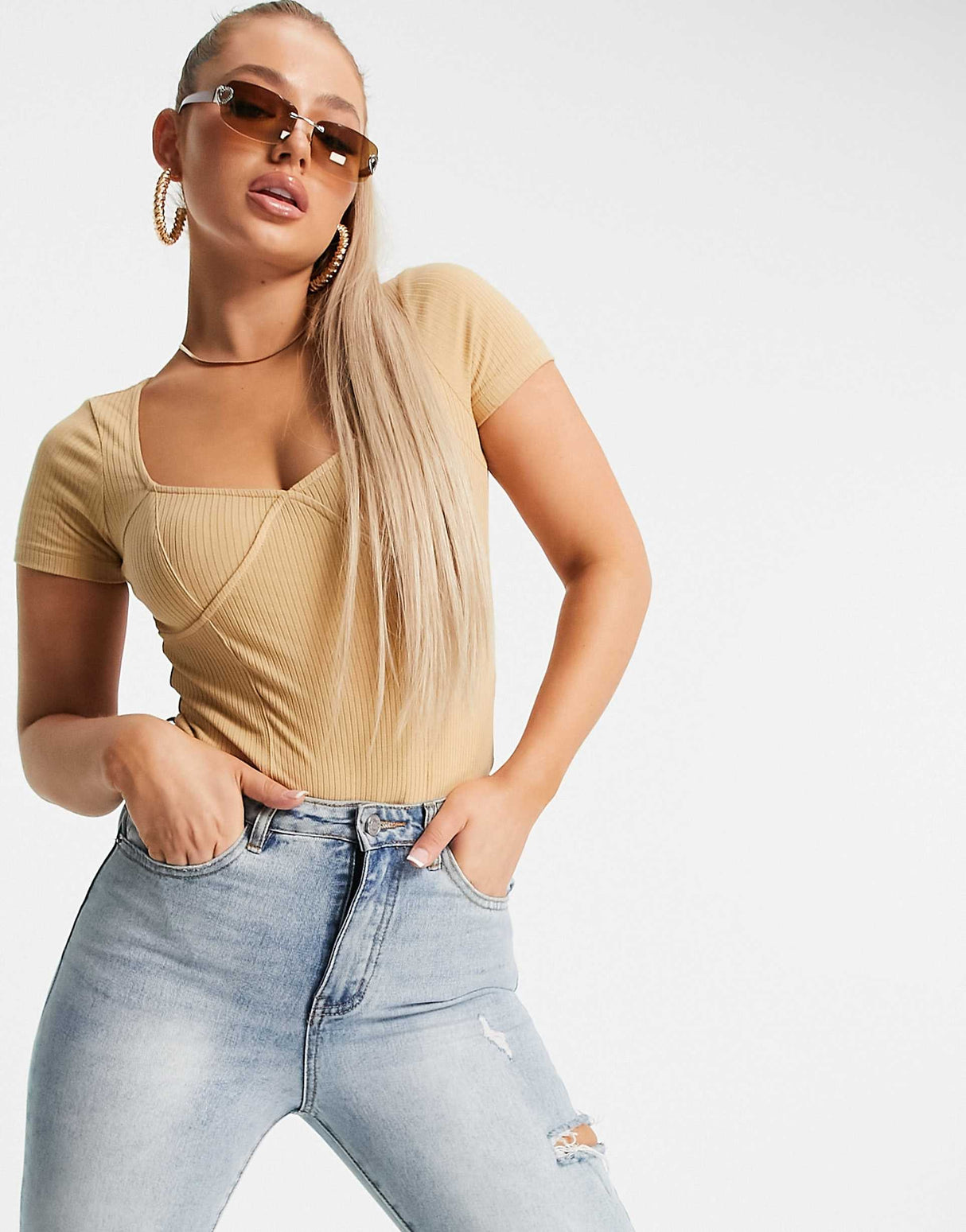 Asos Design Rib Bodysuit With Bust Seams And Cap Sleeve In Brown