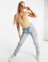 Asos Design Rib Bodysuit With Bust Seams And Cap Sleeve In Brown