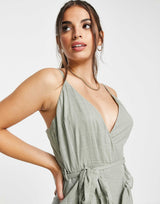 Asos Design Tie Wrap Around Mini Sundress In Self Grid Check In Khaki