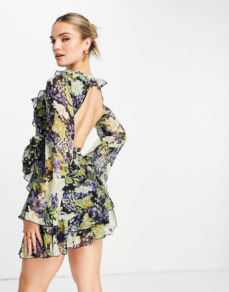 Asos Design Ruffle Floral Print Mini Dress With Waist Tie And Flare Sleeve