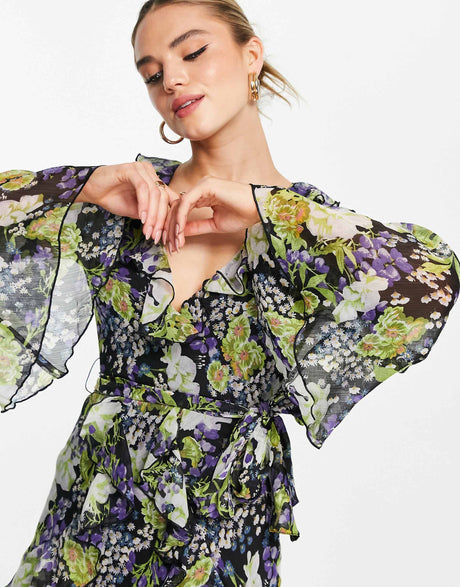 Asos Design Ruffle Floral Print Mini Dress With Waist Tie And Flare Sleeve