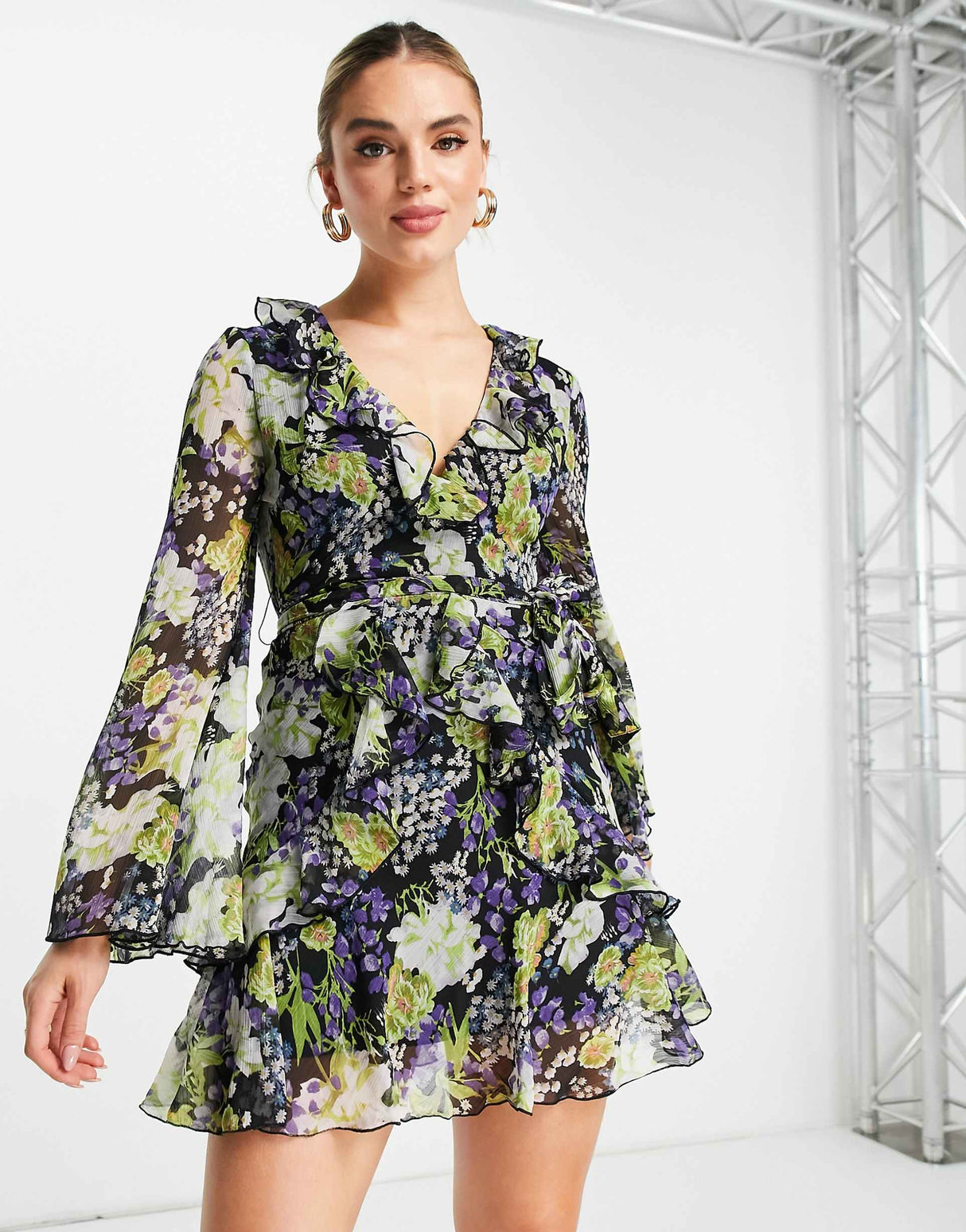 Asos Design Ruffle Floral Print Mini Dress With Waist Tie And Flare Sleeve