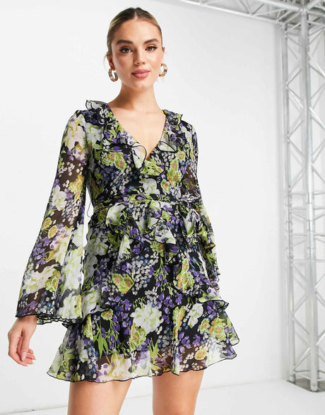 Asos Design Ruffle Floral Print Mini Dress With Waist Tie And Flare Sleeve