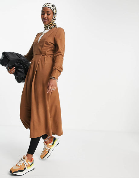 Mango Panelled Midi Dress In Brown