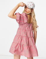 Asos Design Tiered Babydoll Mini Smock Dress In Red And White Gingham