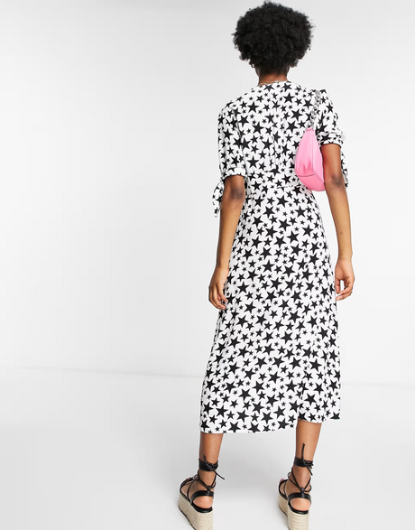 Nobody'S Child V Neck Midi Tea Dress In Star Print With Tie Shoulders