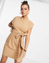 Closet London Belted Tie Waist Mini Dress In Sand