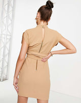 Closet London Belted Tie Waist Mini Dress In Sand