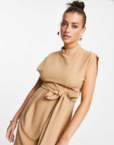 Closet London Belted Tie Waist Mini Dress In Sand