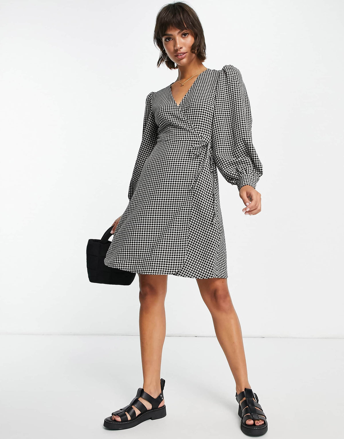 Selected Femme Wrap Mini Dress With Volume Sleeves In Mono Gingham