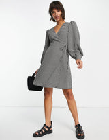 Selected Femme Wrap Mini Dress With Volume Sleeves In Mono Gingham