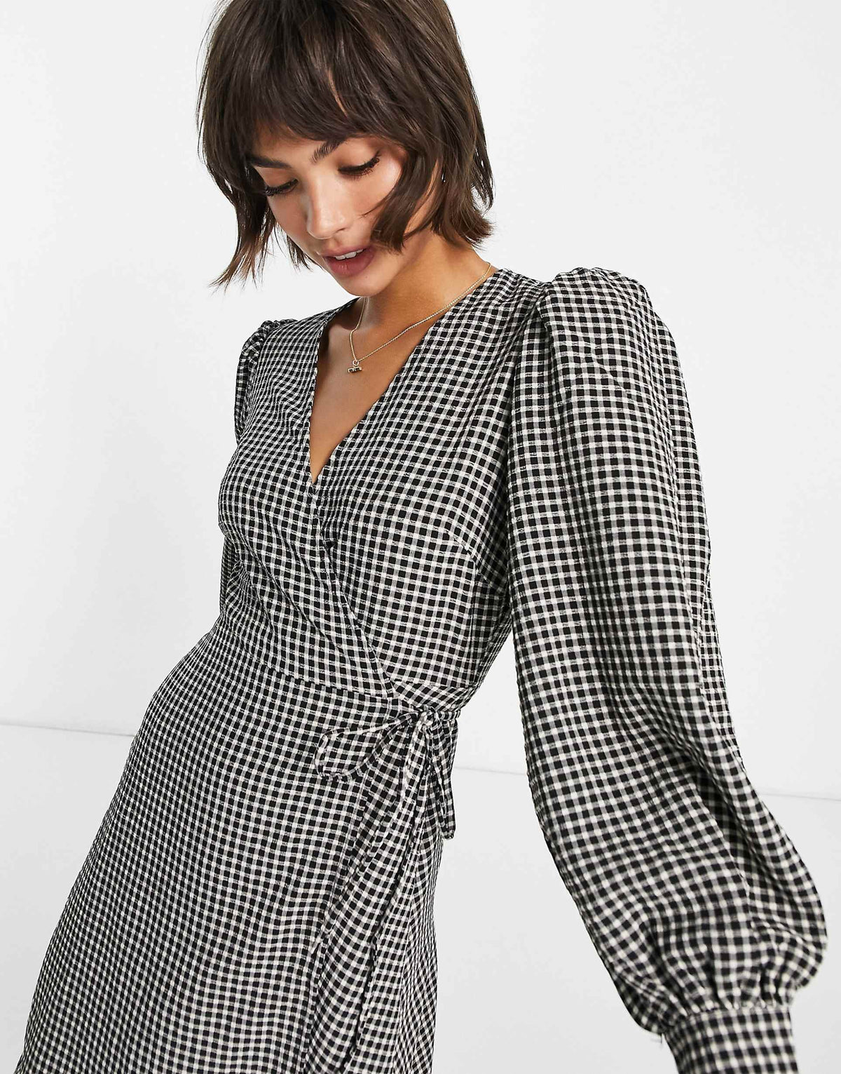 Selected Femme Wrap Mini Dress With Volume Sleeves In Mono Gingham