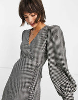 Selected Femme Wrap Mini Dress With Volume Sleeves In Mono Gingham