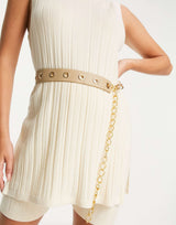 Asos Design Waist Belt With Eyelet And Chain Detail In Beige