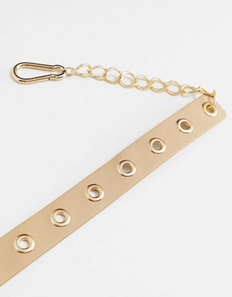 Asos Design Waist Belt With Eyelet And Chain Detail In Beige
