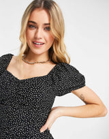American Eagle Ruched Puff Sleeve Dress In Black Spot