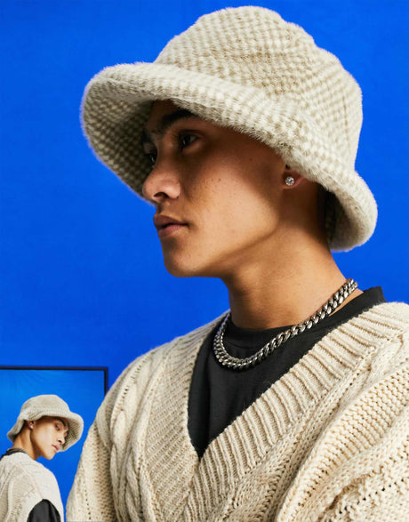 Asos Design Faux Fur Bucket Hat In Check