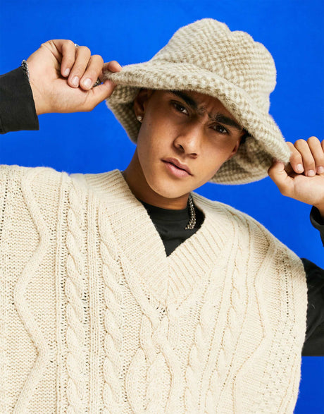 Asos Design Faux Fur Bucket Hat In Check