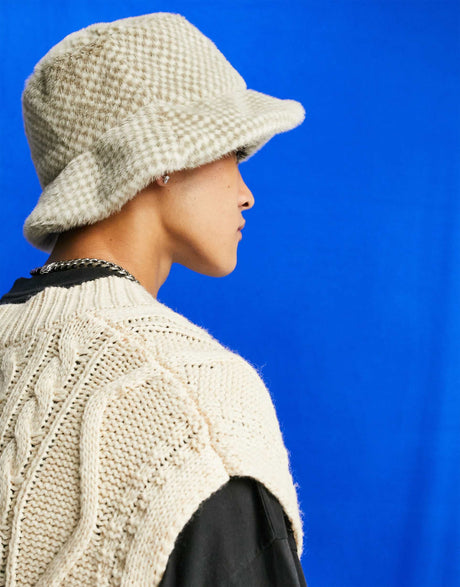 Asos Design Faux Fur Bucket Hat In Check